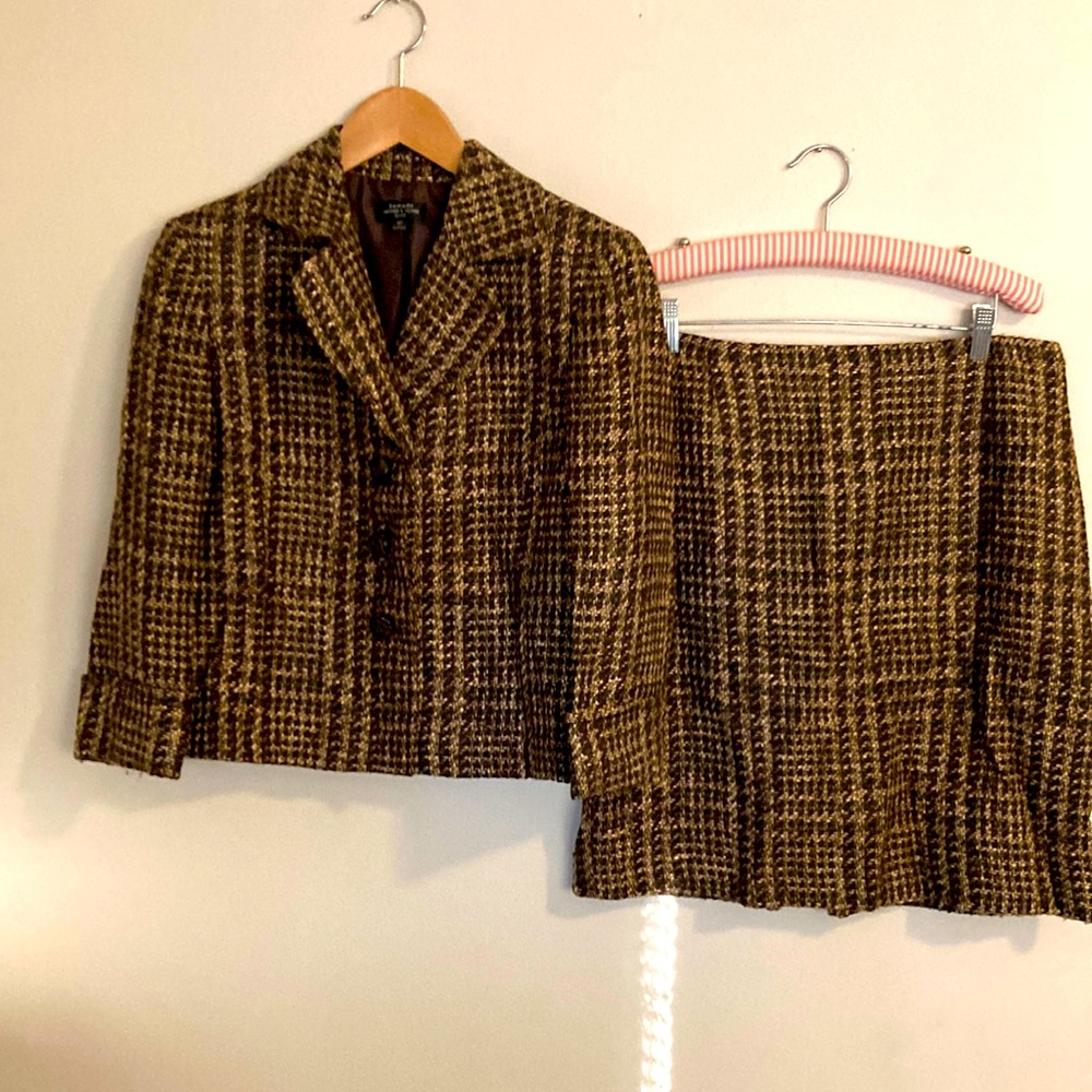 Tahari Arthur Levine brown tweed skirt suit blazer jacket 8p 8 petite